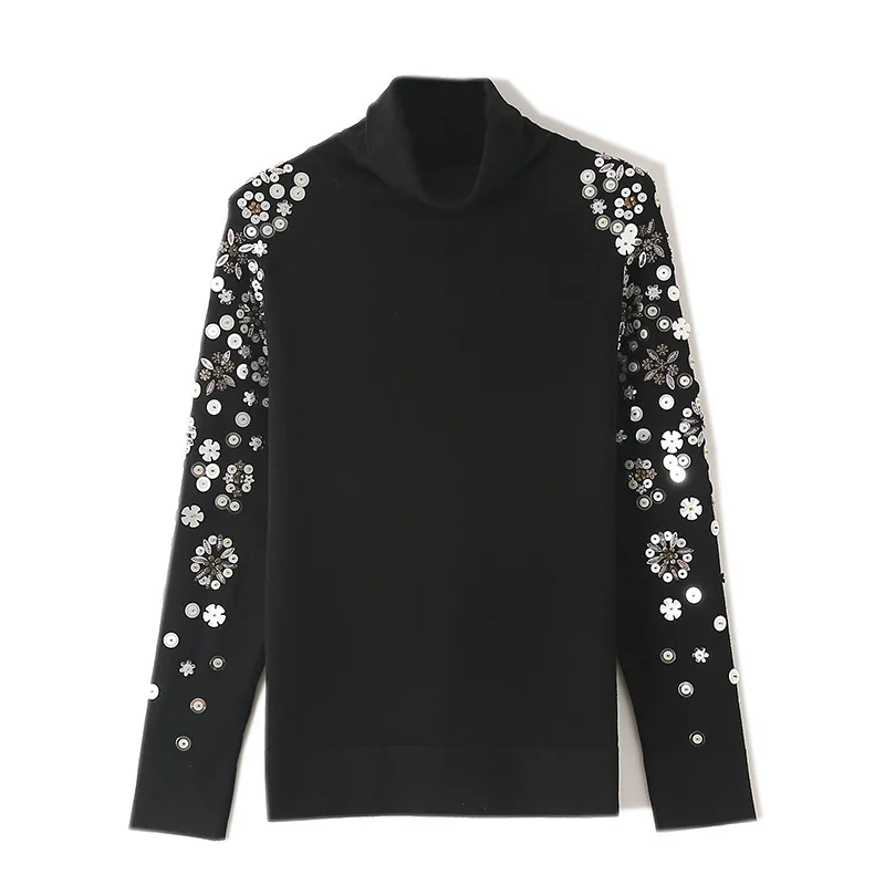 

2021 New Retro Heavy Luxury Knit Sweater Women Autumn Embroidery Flower Bead Sequin Wool Black Top Pullover Turtleneck Clothes