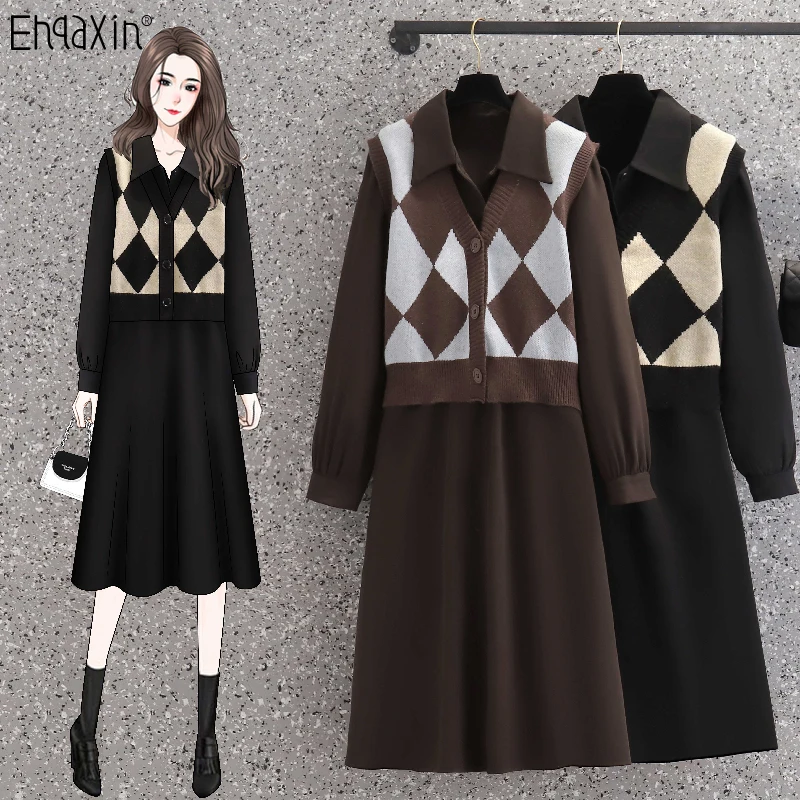 EHQAXIN New Autumn Winter Ladies Dress Suit Casual V-Neck Knit Vest + All-Match Loose Button Dress 2-Piece Set L-4XL