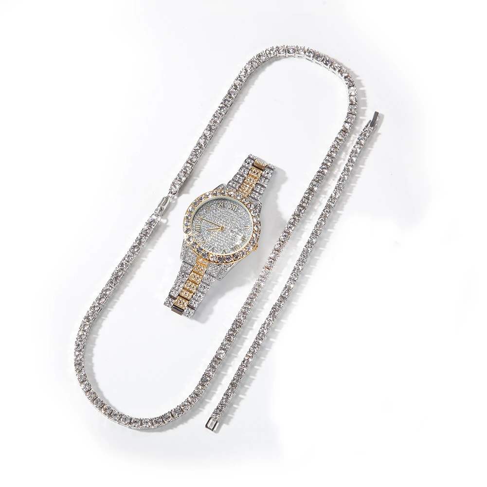 

2020 New Tennis Chain Bracelet Necklace Watch Set Silver Color And Double Color Bling Rhinestone Fashion Hip Hop Jewelry Trend