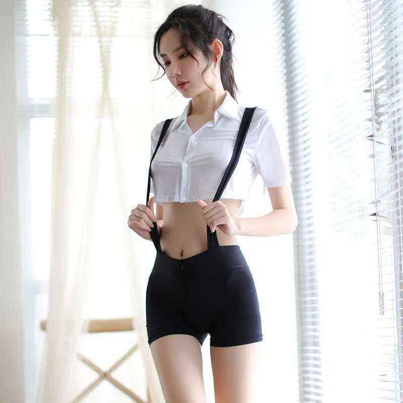 

Sexy Lingerie Cosplay Strap Student Uniform Sexy Open Crotch Bib Pants Student Uniform 2pcs Middle School Cospaly Fancy Dress