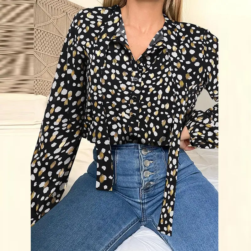 

Print Spotted Top Lapel Black And Green Female Blouses Chic 2021 Summer Womens Shirt Casual Long-Sleeved Blouse Chiffon