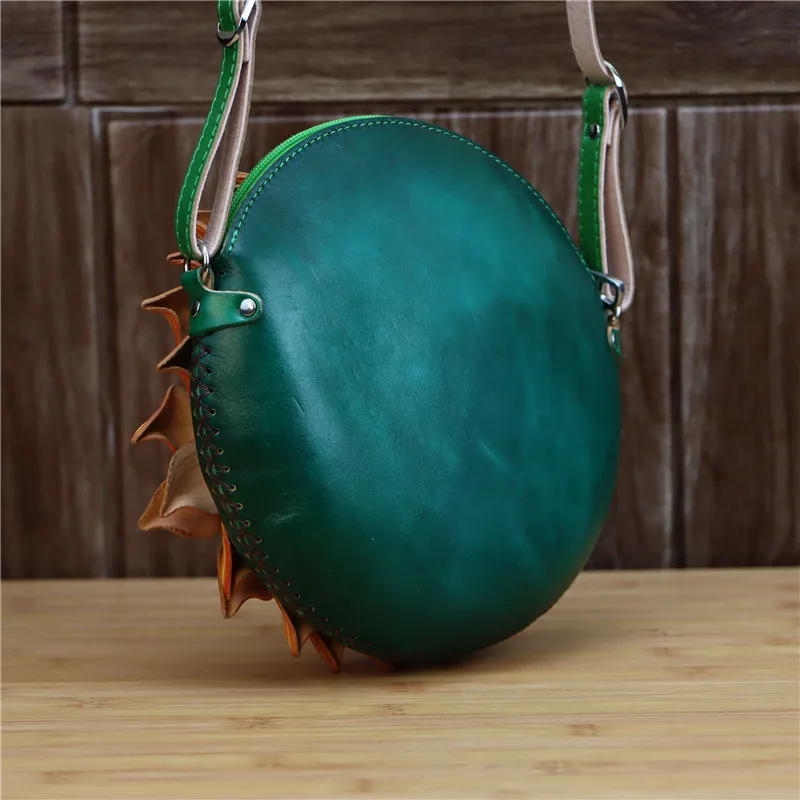 Кожаная сумка через плечо с трехмерным цветком подсолнуха солнце круглая на