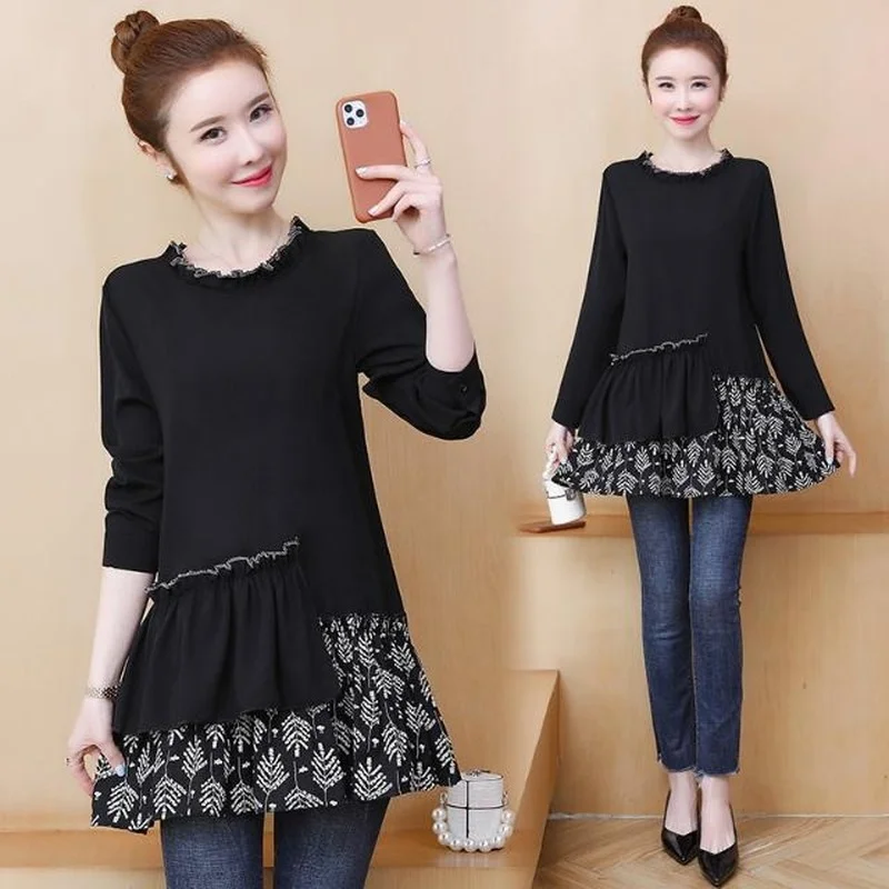 

Women Spring Autumn Style Plus Size Shirts Lady Casual Long Sleeve Floral Patchwork Black Blouses Blusas Tops L-5XL X775