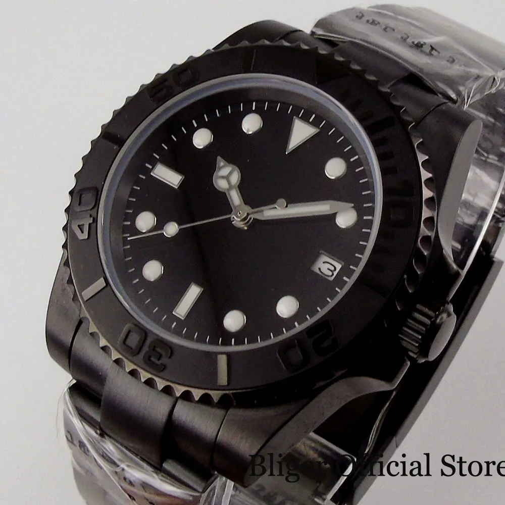 

BLIGER Nologo Black Men Watch 21 Jewels Miyota 8215 24 Jewels NH35A No Cyclop Brushed Ceramic Insert