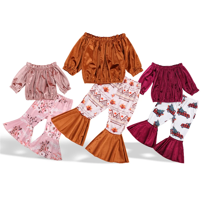 

Лидер продаж, модный пикантный комплект из 2 предметов для младенцев, Топ с длинным рукавом и открытыми плечами + расклешенные брюки с цветоч...