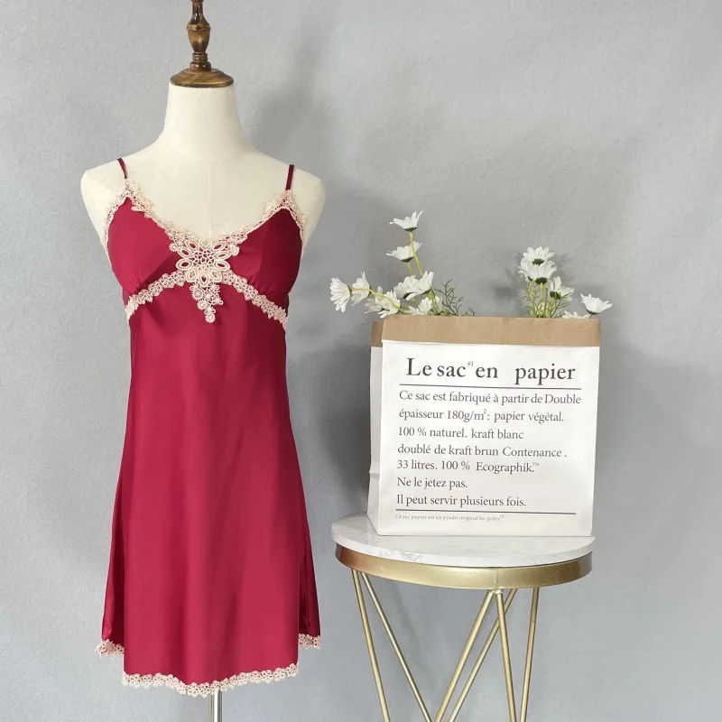 

Lace Satin Patchwork Homewear Intimate Lingerie Sexy Women Spaghetti Sling Nightgown Casual Gray Nightdress Home Clothing