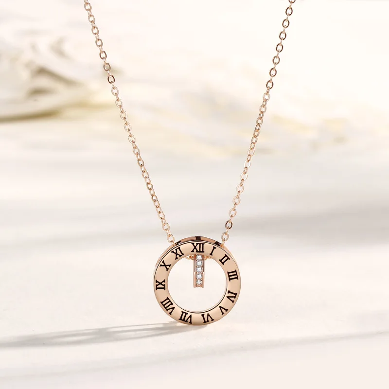 Elegant Crystal Choker Trendy Round Hollow Out Roman Numerals Necklace Rose Gold Silver Color Pendant For Women Jewelry | Украшения и