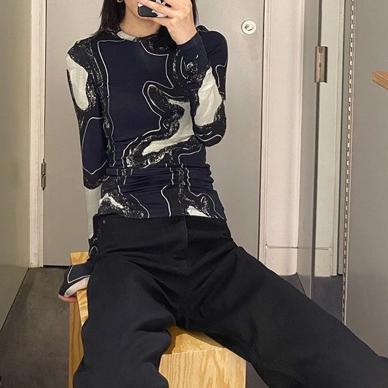 

T Shirts Women Round Neck Full Sleeve Printed Tshirt Fall Spring Tops Tee Female Slim All Match Leisure Sports Bottoming Shirt