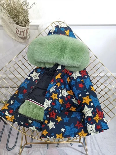 Star Green Fur Children Winter Jacket Graffiti Boys Girls Real Fur Coat Thick Warm Rabbit Fur Kids Jacket Coat Furry Natural Fur Collar TZ428 - Цвет: Star Green Fur