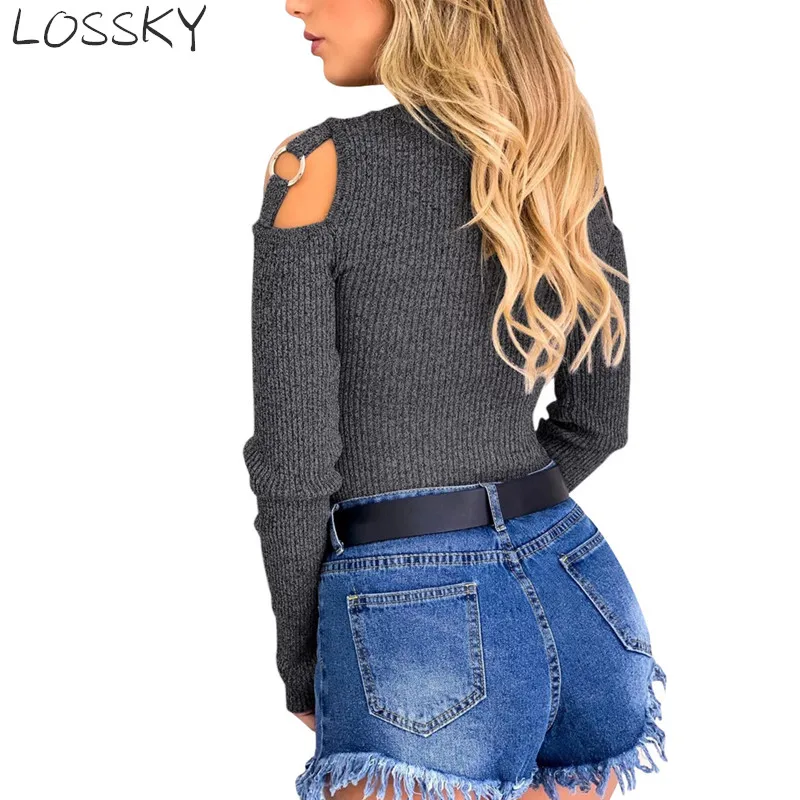 

Women's Autumn Winter Fashion T-shirt Clod Off Shoulder Long- Sleeve 2019 Sexy Slim Knitted Casual Bodycon Sweater Shirts Tops