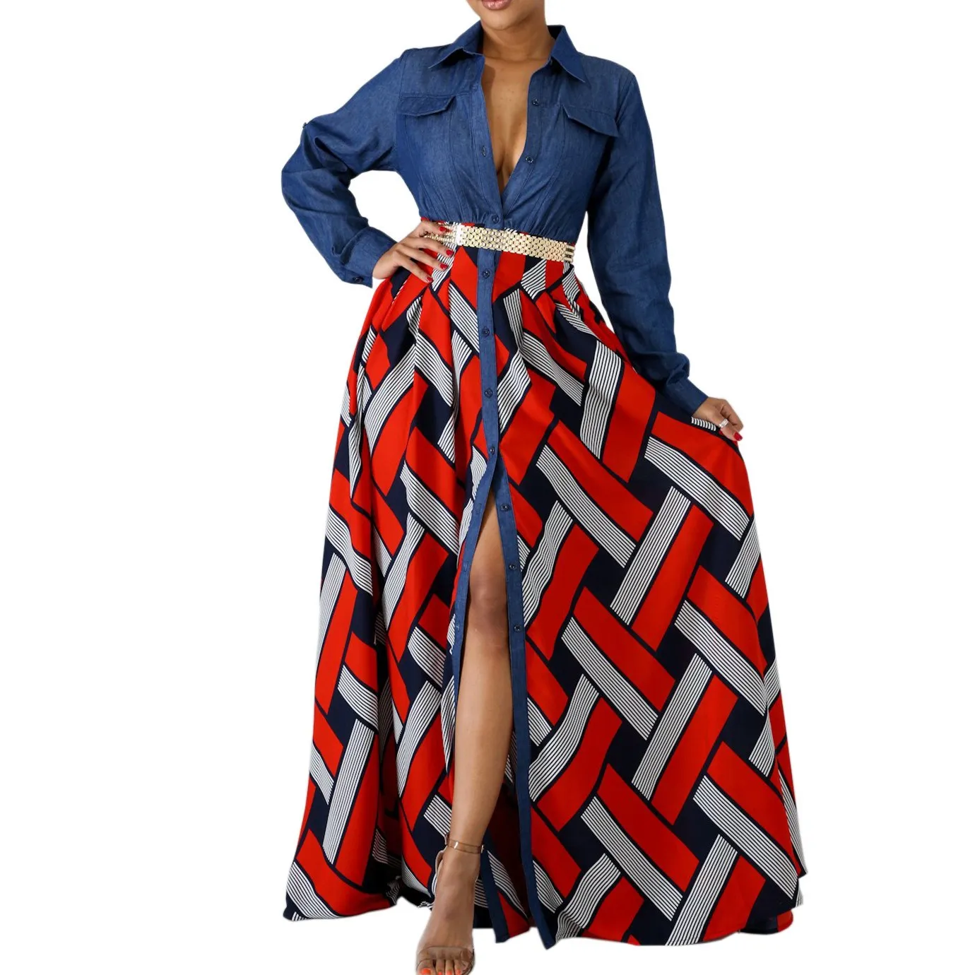 2019 Новое джинсовое лоскутное платье с отложным воротником и принтом Осеннее