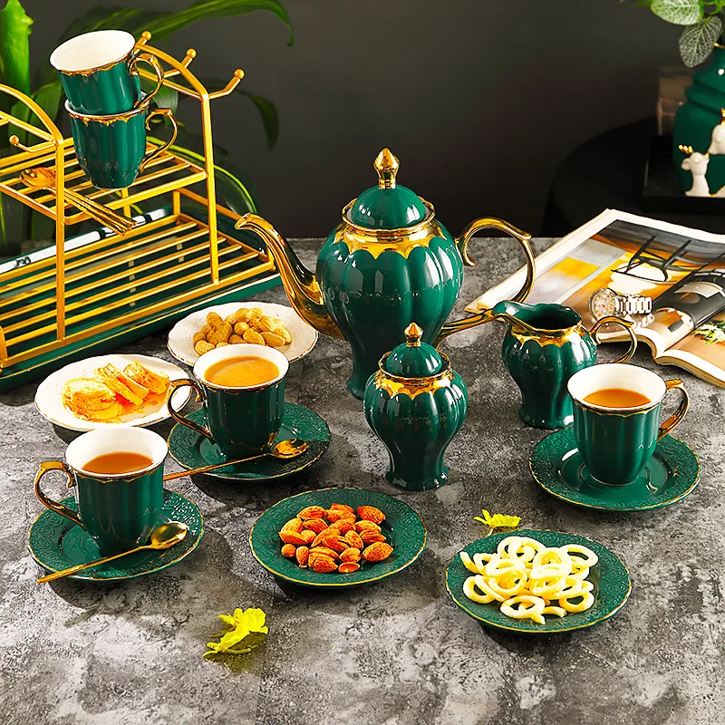 

Керамический кофейный набор с золотой инкрустацией, набор для чая из костяного фарфора, зеленая кастрюля, Сливочная плитка, Глиняный Чайник...