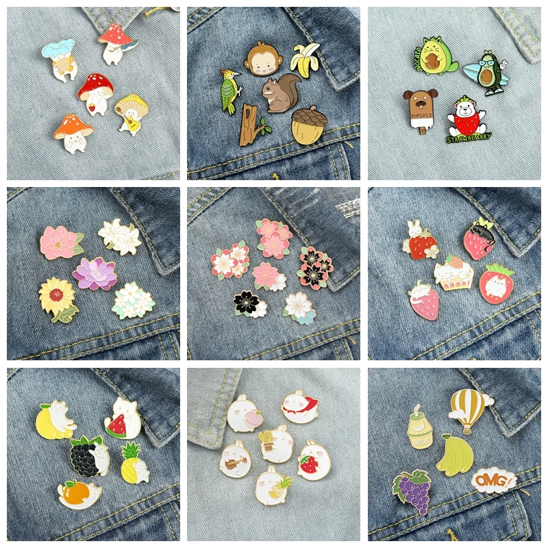 

OMG ! 4~8Pcs/Set Fruit Plant Flower Enamel Pins Sakura Strawberry Avocado Mushroom Brooches Potted Plant Lapel Pin Badge Jewelry