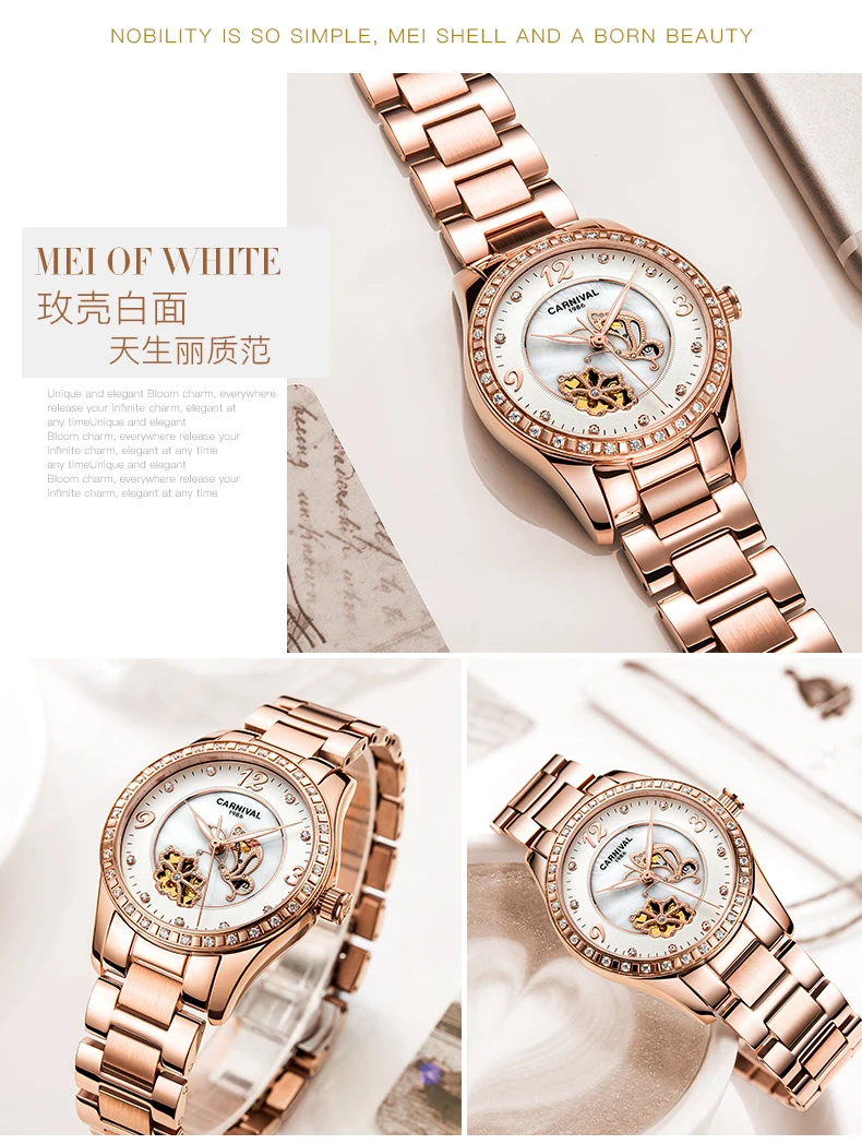 Reloj Mujer, карнавальные автоматические часы для женщин, модные механические Женские наручные часы, розовое золото, роскошный бренд, часы с скелетом