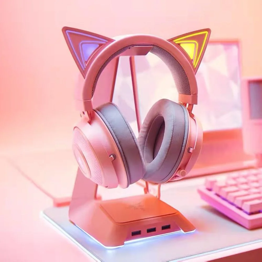 Satin Al Marka Yeni Açılmamış Orijinal Razer KRAKEN Pembe Kuvars Kedi Kulaklar Oyun Kulaklığı Pembe Kristal çok Platformlu Kablolu Oyun Kulaklık