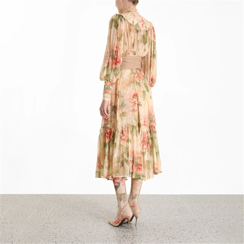 Женское платье с цветочным принтом пышное рукавом-стойкой и бантом новинка 2019 |