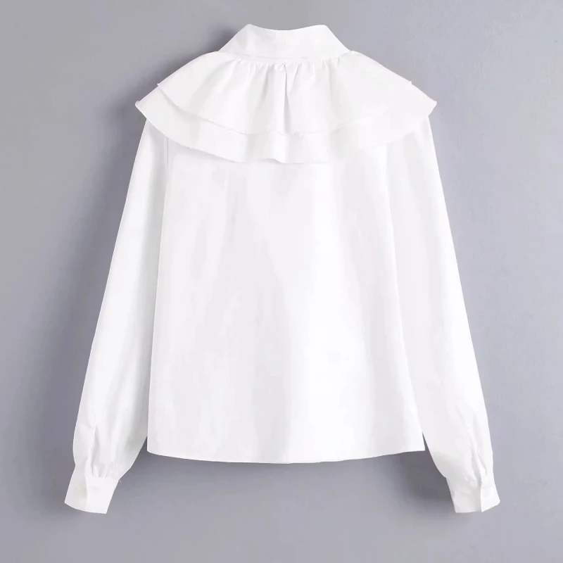 Женская милая блузка с бантом и каскадными оборками белая воротником-стойкой