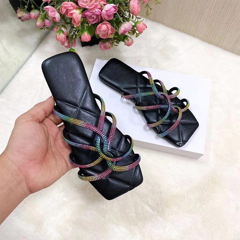 

2021 Women Fancy Diamond Summer Slippers Female New Fashion Crystal Slides Ladies Cross Tied Casual Square Toe Flat Plus Size