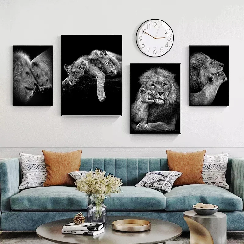 

Black African Lion Canvas Painting Wall Minimalist Light Luxury Style Lion Couple Family Posters and Prints Wall Artist Home Dec