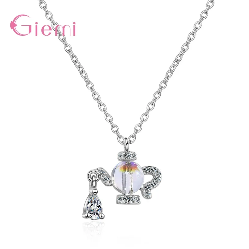 

Personality 925 Sterling Silver Cubic Zircon Moonstone Cute Teapot Necklace For Girls Women Short Clavicle Necklace Jewelry