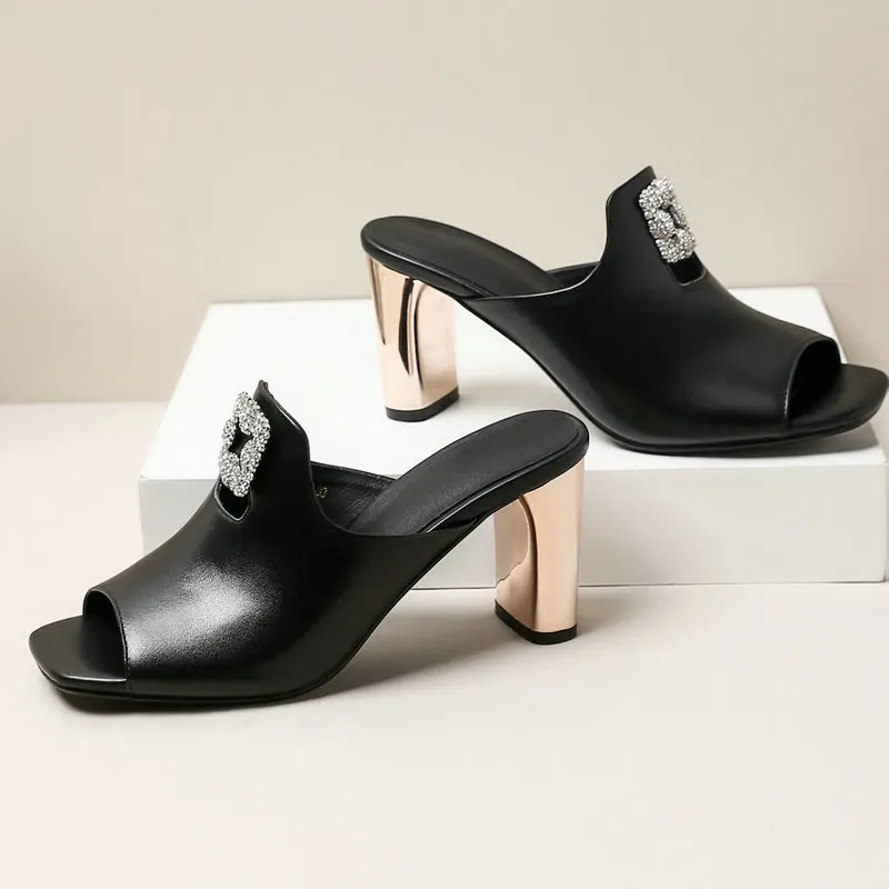 

2021 Summer Slipper Woman Genuine Leather Metal with High Heels Sandals European Fashion Beach Women's Shoes Sexy Party Slippers