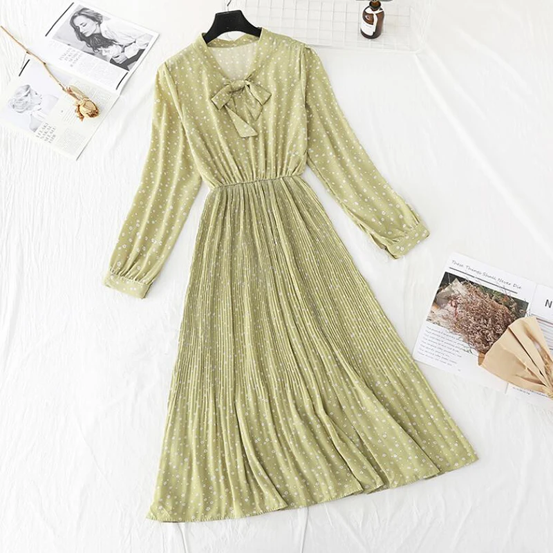 

Женское шифоновое платье миди с бантом на воротнике, элегантное плиссированное платье миди с длинным рукавом и цветочным принтом в стиле де...