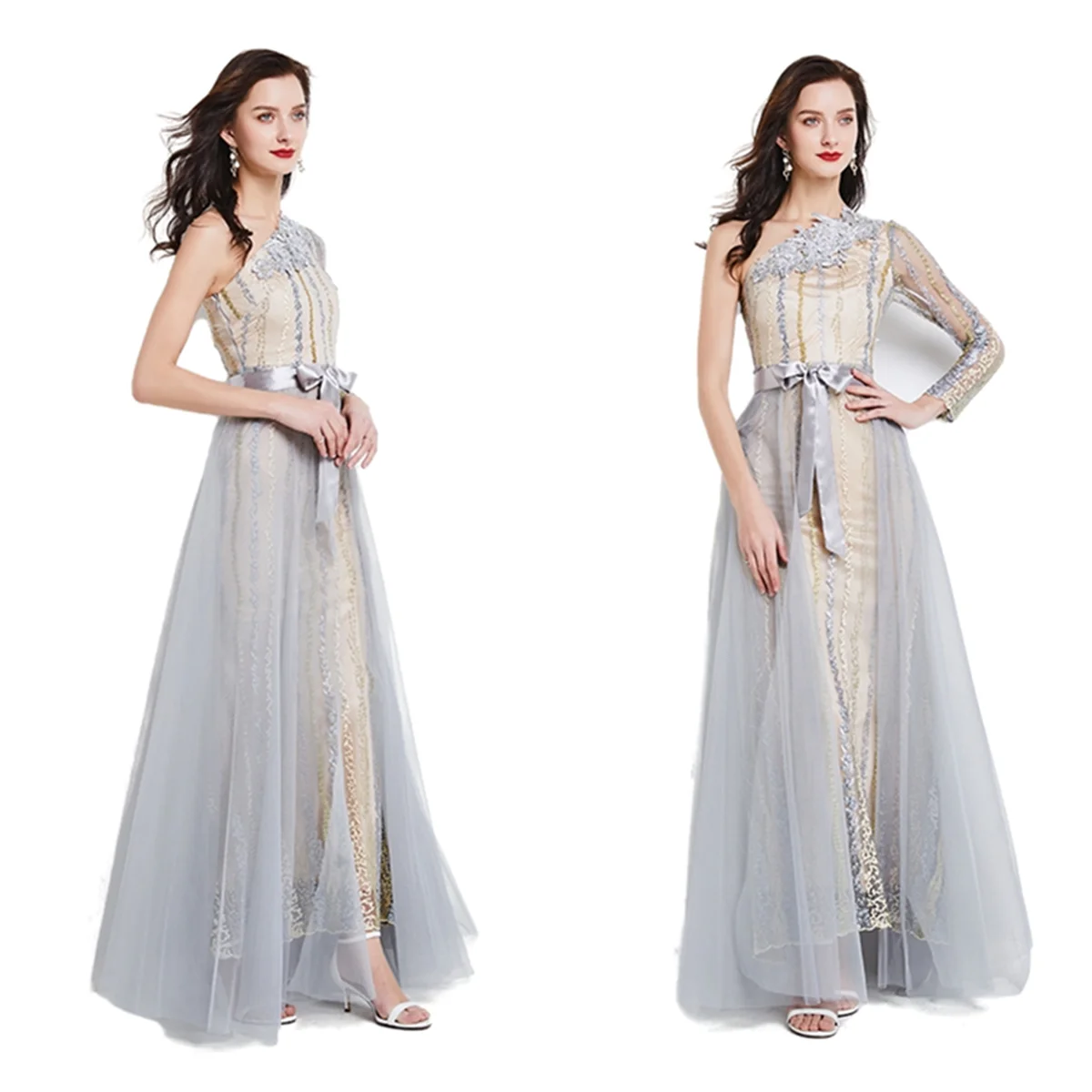

2021 cross border European and American temperament evening dress new banquet diagonal shoulder long host dress two pieces