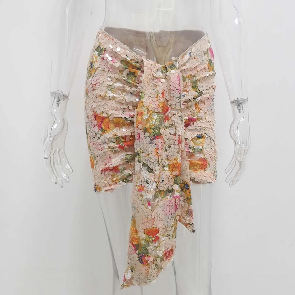 Floral Женская шикарная драпированная мини-юбка, блестящие юбки с пайетками, сексуальная Женская Клубная юбка, роскошная обтягивающая одежда для клубной вечеринки на день рождения - Цвет: Floral