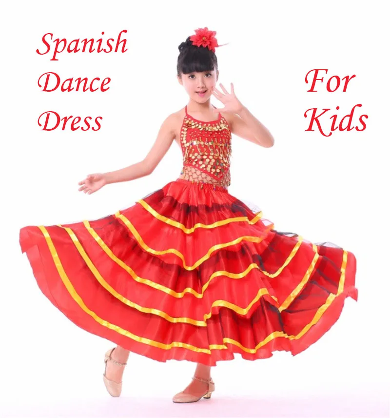 Spanish Flamenco Red Skirt Bullfight Dance Dress Costumes For Kids Girls Stage Wear Performance Female Clothing