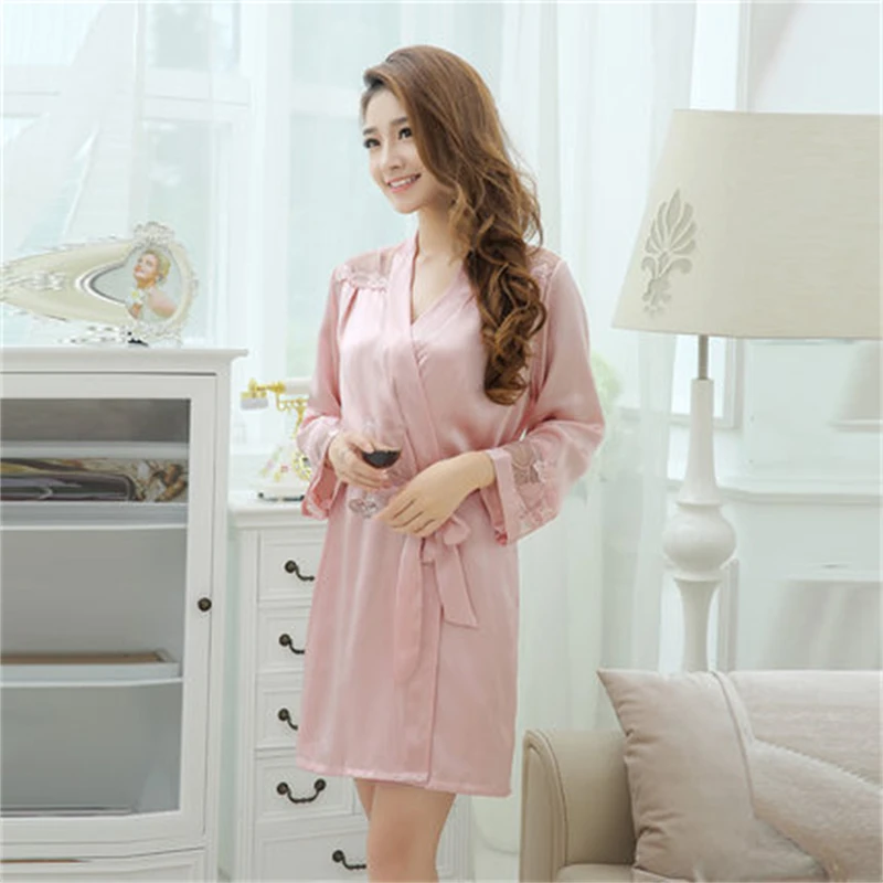 

Summer New 100% Mulberry Silk Robe Pajamas Sexy Mesh Embroidery Bathrobe Womens Sleepwear Ladies Kimono Home Clothes Pijamas