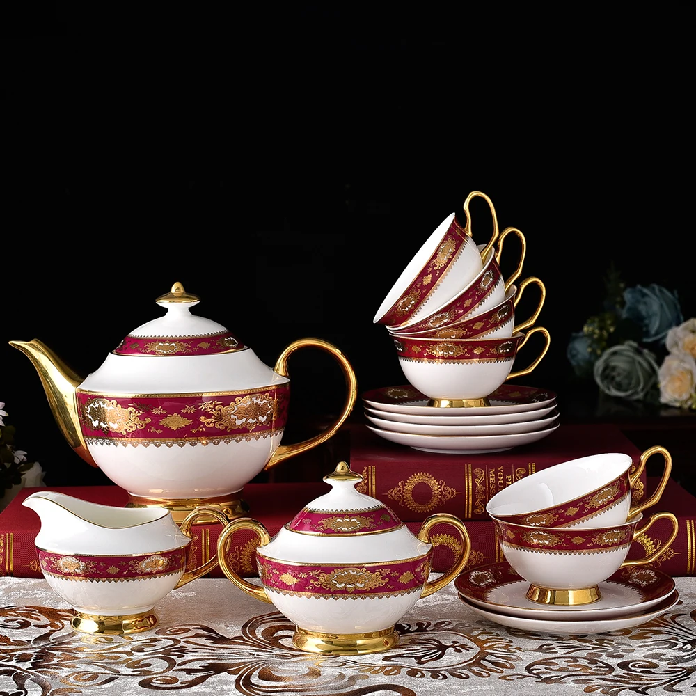 

15 Pcs Good Quality Bone China Red Decal Coffee Set Modern Emboss Porcelain Tea Set