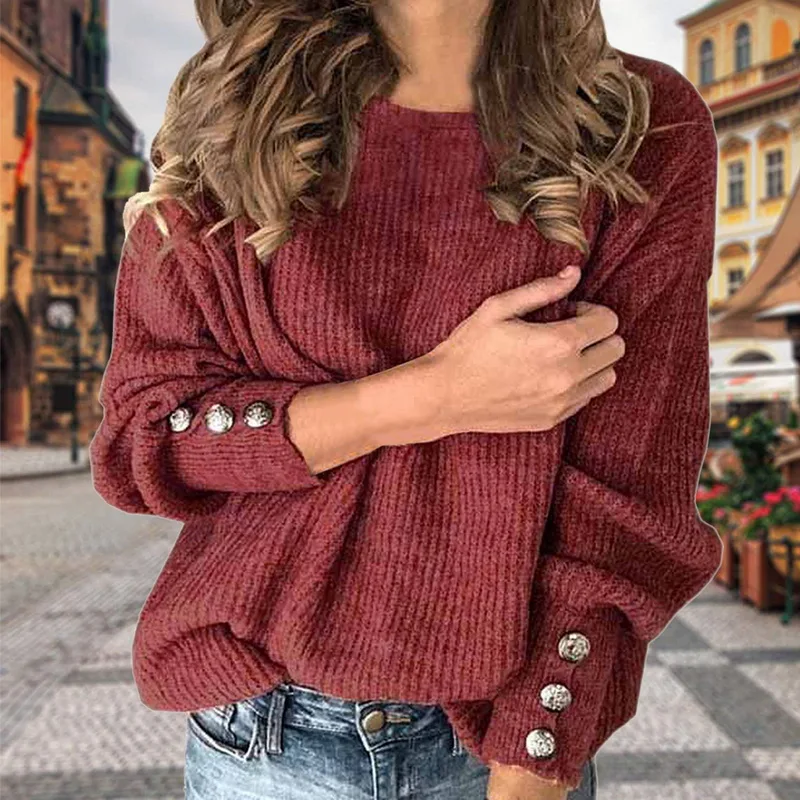 Женский осенне-зимний вязаный свитер с круглым вырезом и длинными рукавами на