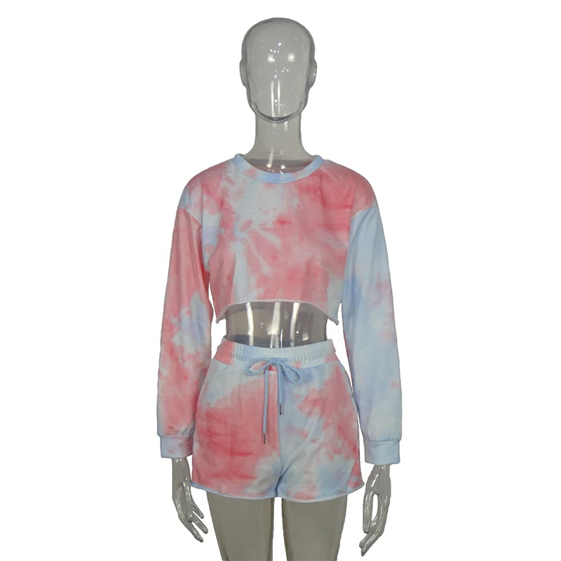 

2021 New Lady Sweatshirt Suit Casual Sports Tie-Dye Long-Sleeved Shorts Loose Set
