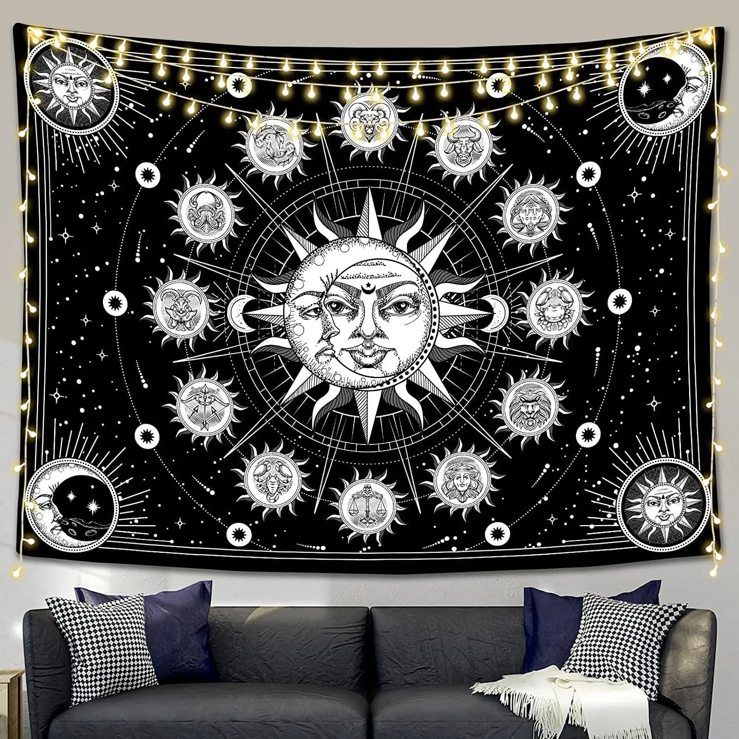 

Psychedelic Sun Moon Tapestry Wall Hanging White Black Tarot Divine Witchcraft Boho Artistic Tapestry Carpet Mat Room Wall Decor