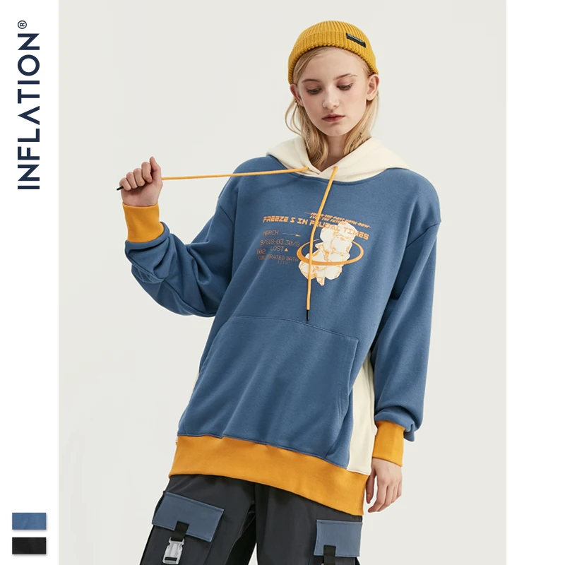 INFLATION Design Loose Fit Hoodie Men Winter Hoodies Colour Block With Print Logo Streetwear Mens Fleece Cotton 9632W | Мужская одежда