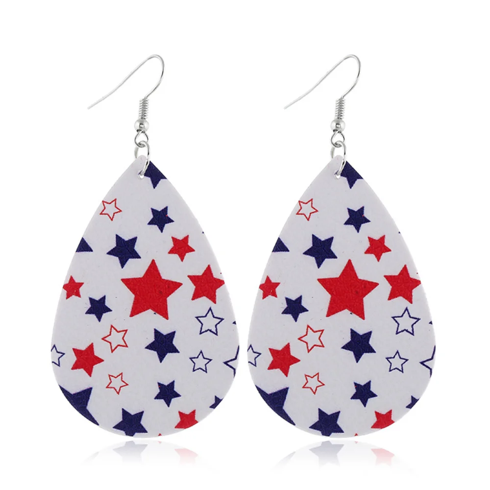 

2021 Trend New American Independence Day Jewelry Leather Earrings PU Leather Water Drops Five-pointed Star Stud Earrings