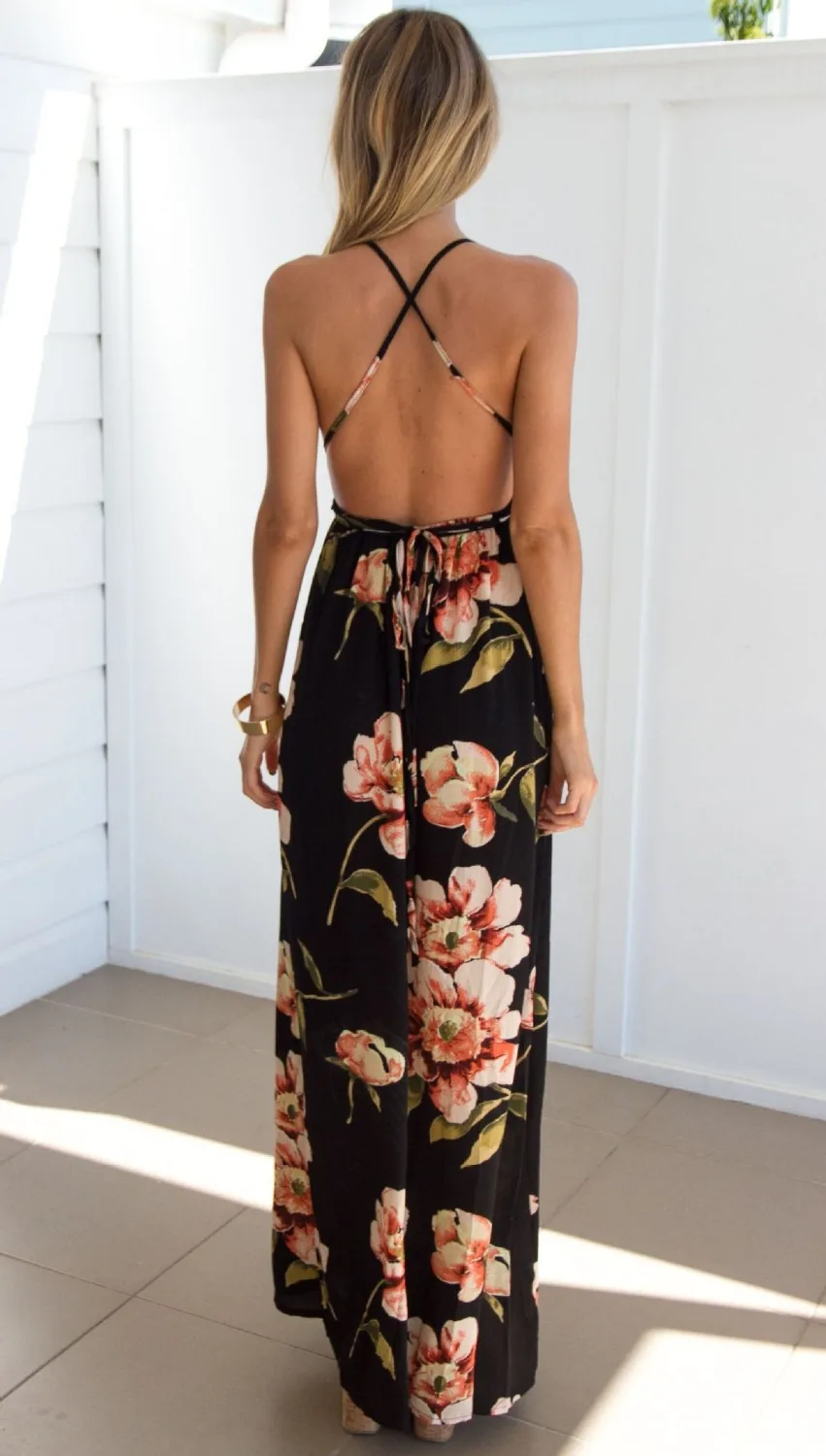 

Summer dress 2020 Floral Vestidos Mujeres Sexy Maxi Dress Long Pleated Dresses Backless robe femme robe longue evenning-dress