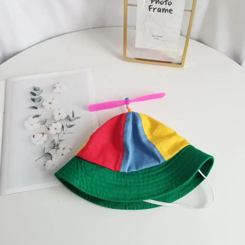Children Kids Cotton Helicopter Propeller Bucket Cap Color Block Patchwork Dragonfly Beaded Summer Sun Protection Fisherman Hat | Детская