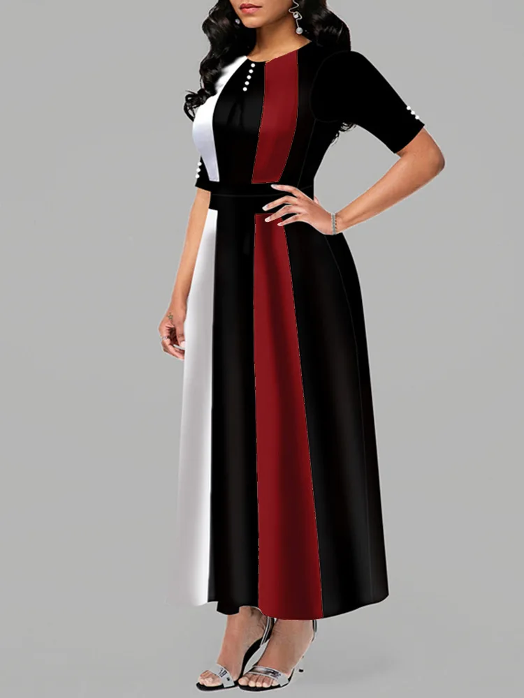 

Slim Short Sleeve Maxi Dress O-Neck Hit Color OL-Office Lady Women's Long Skirt Fashionable Spring Women's Clothing 2021 New