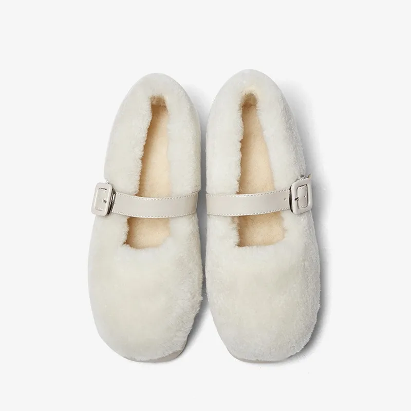 

Женские теплые ботинки в стиле преппи из овечьей шерсти, плюшевые ботинки Мэри Джейн с меховым украшением и ремешком с пряжкой, хлопковые бо...