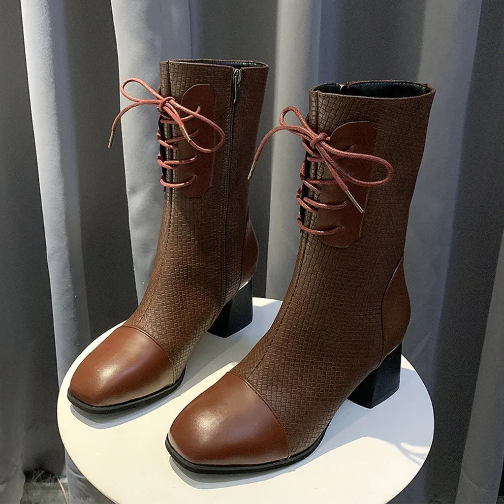 Модные женские ботинки средней высоты на молнии с квадратным каблуком и бантом