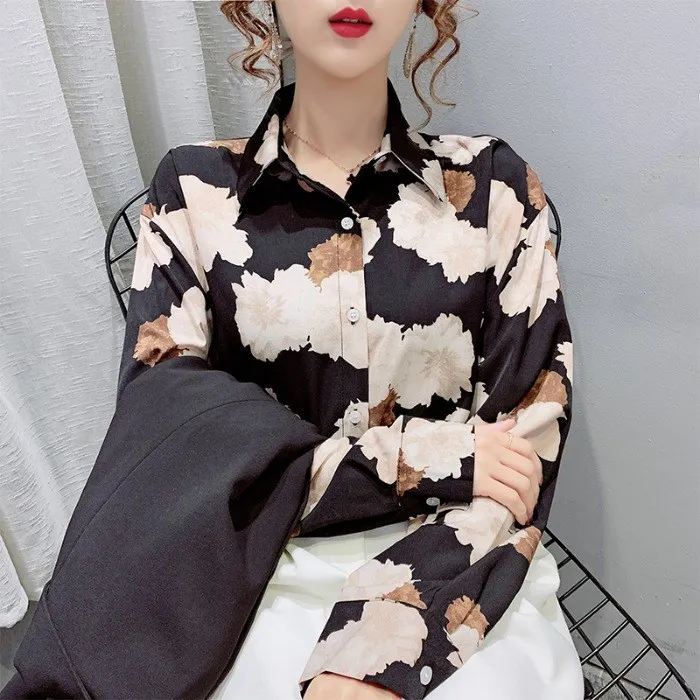 

Шифоновая Свободная Женская рубашка, новинка, модные блузки, Повседневная рубашка с длинным рукавом, рубашки-поло на пуговицах с цветочным ...