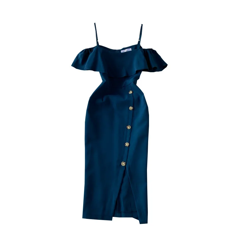 

0 Summer New Fashion Ruffled Temperament Vestidos Women's Word Collar Waist Slimming Midi Dress C876