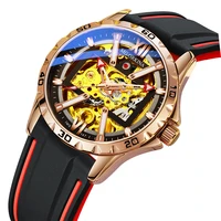 new skeleton men watch rose black automatic mechanical sport wristwatch waterproof quick release rubber band casual male clock