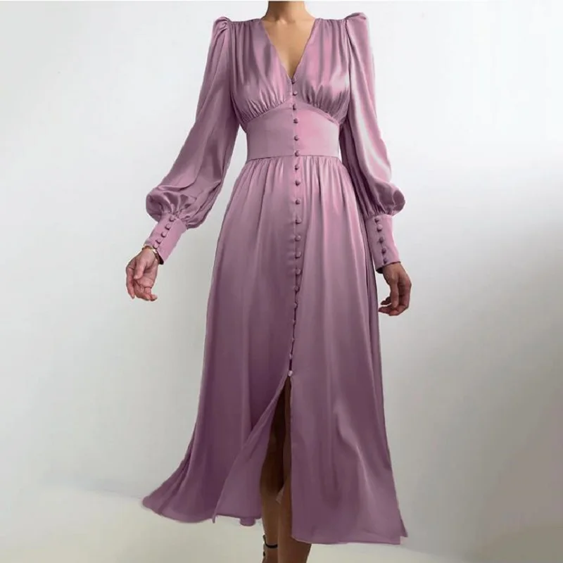 

Elegant Dresses for Women 2021 Autumn Long Puff Sleeve Slim Satin Dress Maxi Designer Clothes Prom Party Vestidos Dropshipping