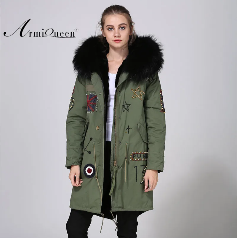 

hat women winter long black Uk patches embroidery design fur parka wear