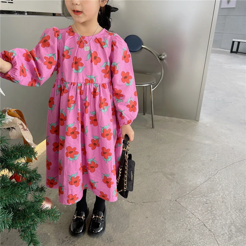 

2022 Spring new pink floral dress baby girls thin cotton long sleeve princess dresses kids clothes
