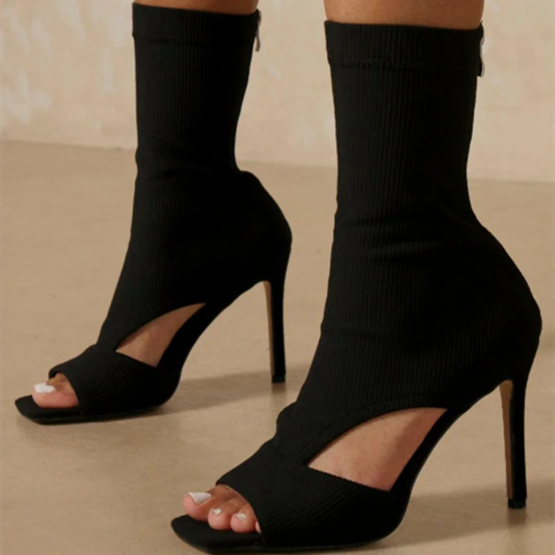 Skintight Knitting Upper Sexy Short Booty for Women Hollow Stretch Peep Toe Ankle Boots High Heel Autumn Sock Boots Size 43