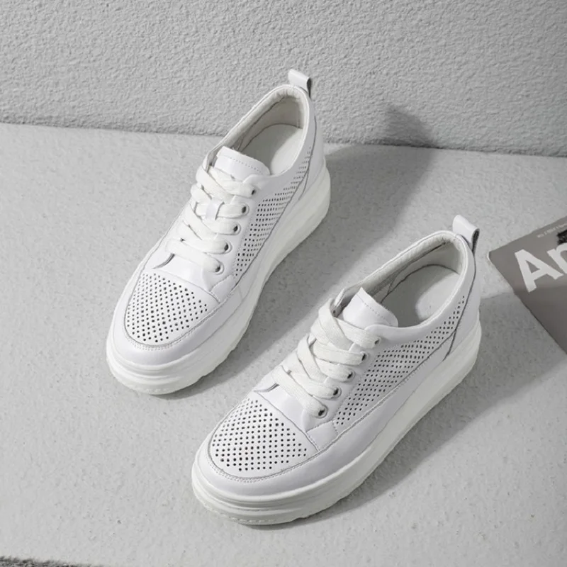 MEZEREON Women’s Shoes Cut-Outs Platform Sneakers Breathable Women Casual Full Grain Leather Lace-Up Ladies White | Обувь