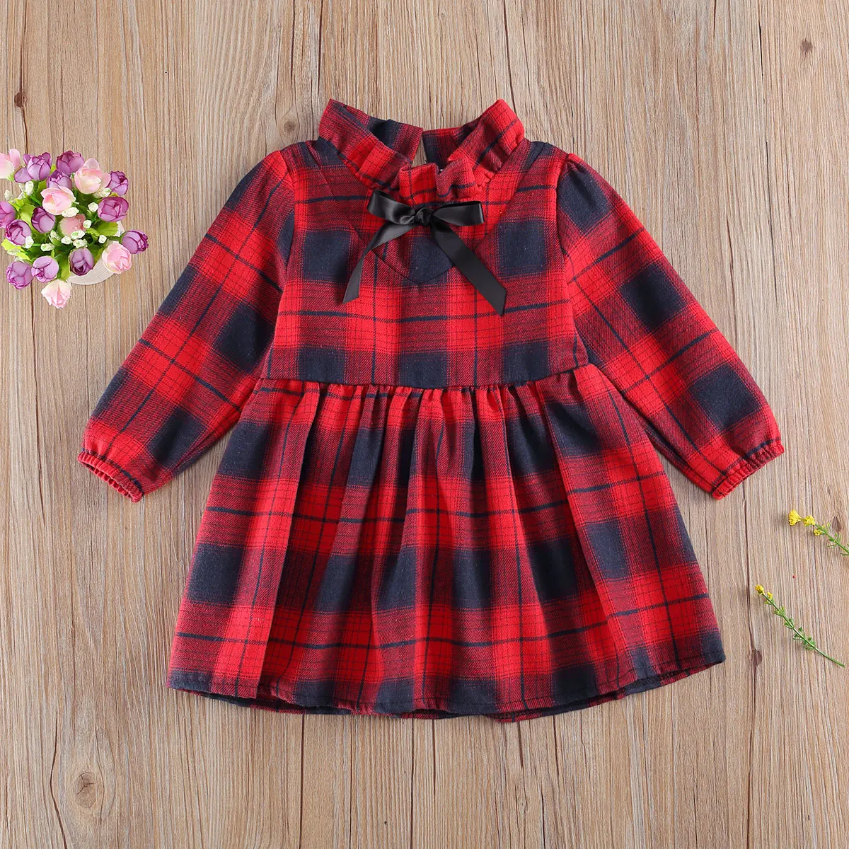 Christmas Baby Autumn Clothing Plaid Stand-Collar Long-Sleeves High-Waist Dress with Back Zipper for Little Girls 6 Months to 5Y |